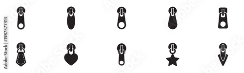 Zipper pullers and sliders icon. Collection of zipper pullers and sliders vector icons. Different shapes of garment fasteners silhouettes including heart and star.