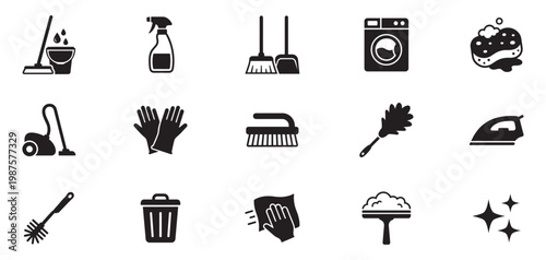 Cleaning icon set. Vector icons for sanitation and cleaning supplies: spray bottle, bubbles, detergent, wiping hand, soap bar, sparkling leaf, clean tag. Vector icon.