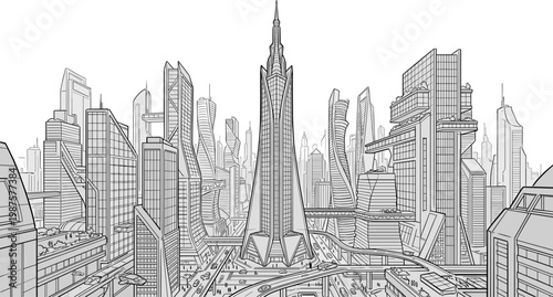 a bustling urban landscape with tall buildings and crowded roads, ideal for marketing, advertising, or business concepts