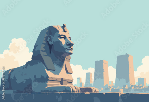 conceptual giant, ancient stone statue like Moai head or sphinx looking over generic modern city grid History meets future Muted stone grey blue No text
