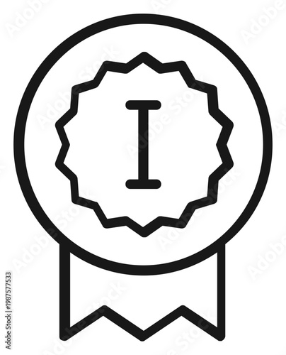 First place award medal vector icon illustration featuring Roman numeral one and ribbon tail. Minimalist black line art symbol for achievement, success, winner, quality, and excellence.
