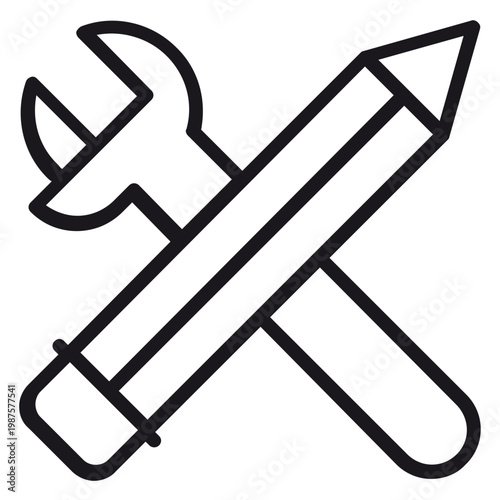 Black vector icon illustration of a crossed wrench and pencil symbol, representing technical design, engineering, construction, creative tools, maintenance services, and project planning.