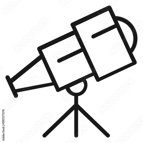 Black minimalist telescope on a tripod vector icon illustration for astronomy, space observation, science research, and star gazing concepts, isolated on a white background for easy editing.