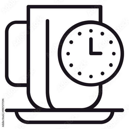 Black line art vector icon illustration of a coffee cup on a saucer with a clock face, representing a coffee break, tea time, morning routine, or time management for work and lifestyle.