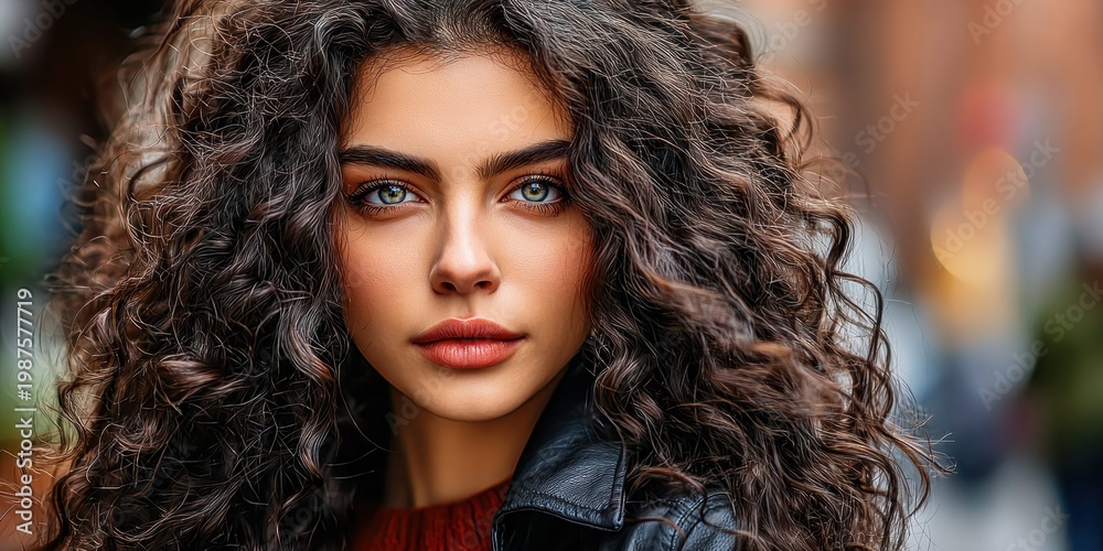 Fototapeta premium Close-up portrait of a young woman with striking blue eyes and voluminous curly hair