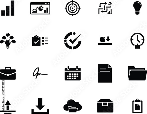 Collection of black and white icons representing business and productivity concepts Vector