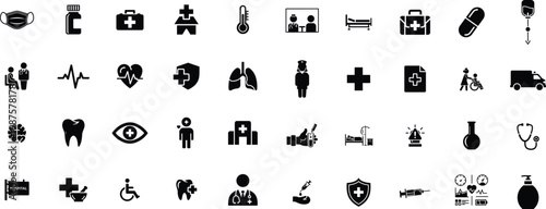Comprehensive icons representing various aspects of healthcare and medical services Vector