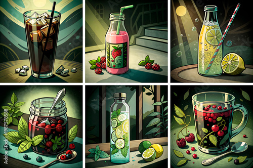 Collection of different drink creations featuring fruits and herbs in various containers and settings