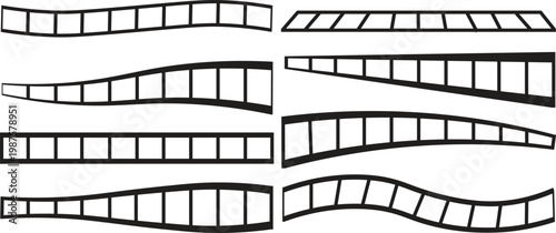 Collection of various black film strip icons on a for video and movie editing design
