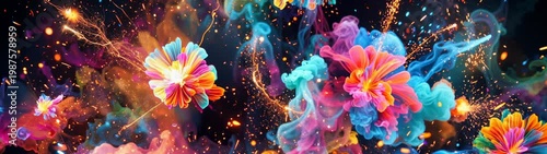 Glowing cosmic flowers blooming in deep space with light particles and smoke, symbolizing celebration, growth, and universe.
