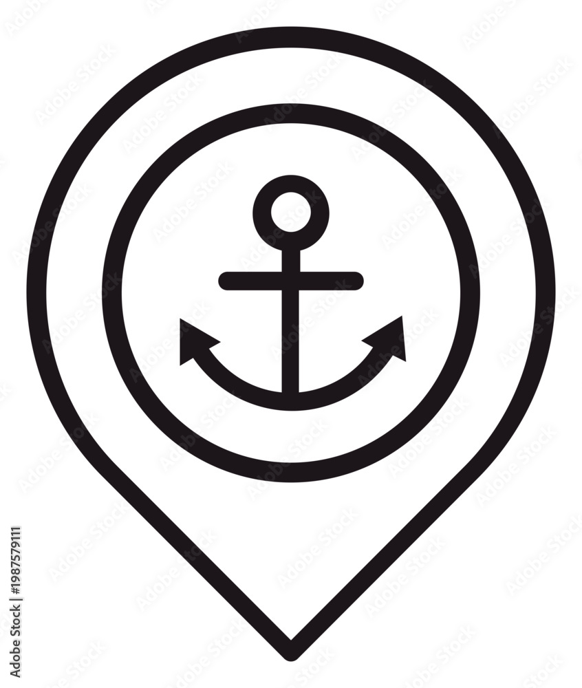 Fototapeta premium Minimalist black vector icon of a map pin location marker containing a nautical anchor symbol, ideal for maritime navigation, port location, harbor tracking, and sea travel graphic applications.