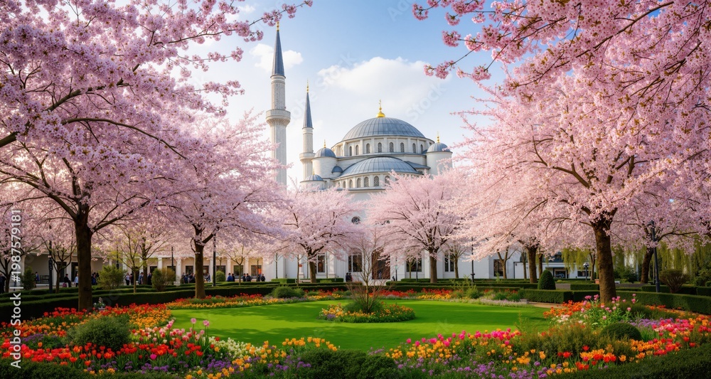 Obraz premium Serene spring mosque sakura blossom garden 