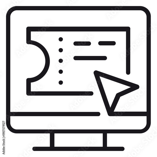Online ticket booking vector icon illustration featuring a computer monitor with a digital ticket and a mouse cursor, representing electronic reservation, event booking, and e-ticketing services