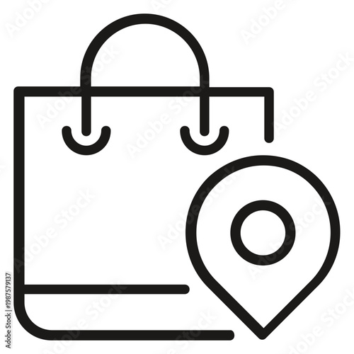 Black line vector icon illustration of a shopping bag with a location pin map marker symbol, representing store location, local shop finder, retail point of interest, and delivery tracking.