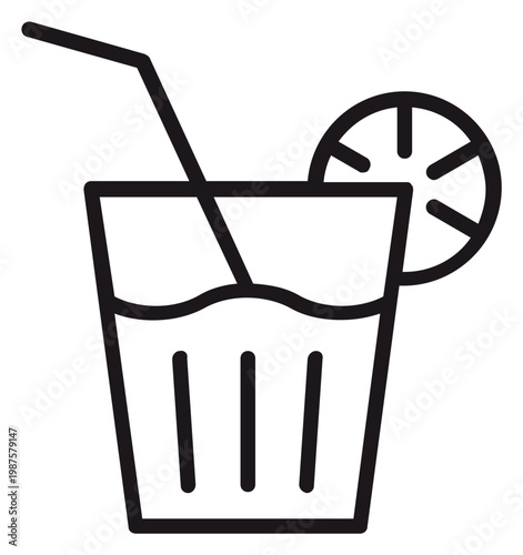 Fényképezés Minimalist black line vector icon of a refreshing cold beverage in a glass featuring a drinking straw and a citrus lemon slice garnish, isolated on a white background for graphic design projects