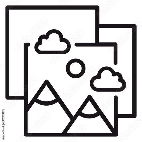 Tableau sur toile Minimalist black line art vector icon representing a photo gallery or image album stack, featuring a landscape picture with mountains, sun, and clouds on top of other frames, isolated on white