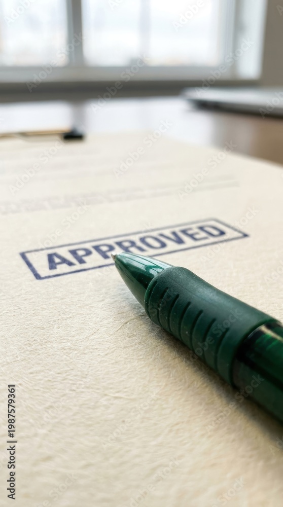 Fototapeta premium A close-up of a green pen on a document with an approved stamp in a bright office setting.
