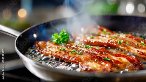 Crispy bacon strips sizzling in a hot frying pan with steam and fresh herbs