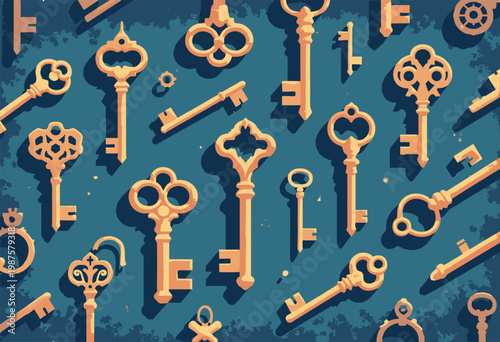flat lay pattern various stylized vintage keys, representing Keys to City Antique brass deep blue color palette collectible aesthetic No text