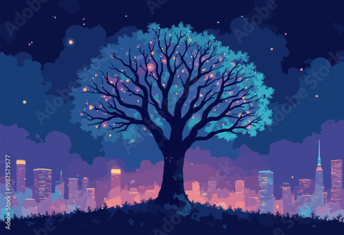 conceptual tree whose leaves are made glowing, flowing digital computer code, representing Internet Things IoT smart city No text