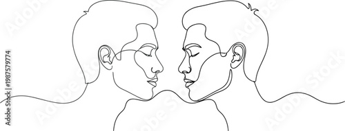 Continuous line drawing of two men facing each other in an intimate moment