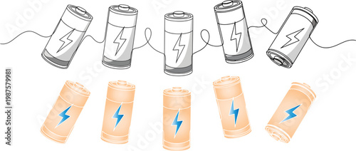 Set of batteries connected by a wire and a row of individual batteries