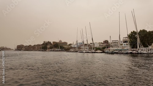 A view of the Nile River and boats from Aswan, Egypt.