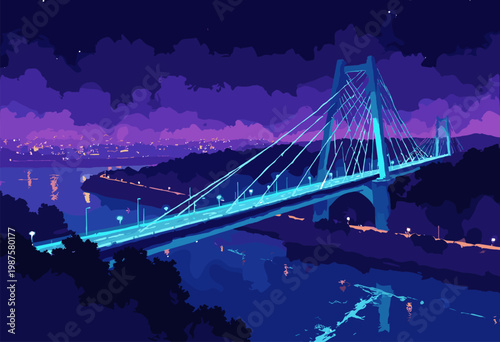 abstract poster long, straight, glowing neonblue line representing bridge or transit route, crossing dark, vast geometric river or grid High energy No text