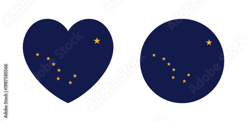 Alaska state flag icon, sticker, badge. Alaska State heart shaped, circle flag button, symbol. Round, heart flag of Alaska banner, background set.