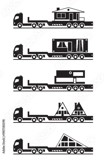 Heavy duty trucks carrying modular houses - vector illustration