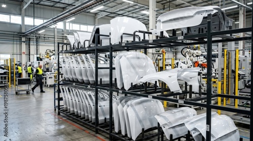 White car body design parts on a rack, sleek automotive panels, smooth painted surfaces and organized workshop storage, bright industrial light and a precise manufacturing atmosphere, ultra-realistic,