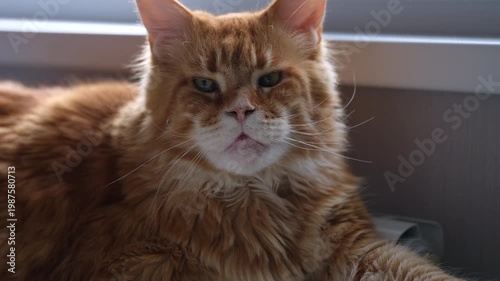 A portrait of a majestic red Maine Coon cat with long whiskers looking at the camera in soft window light. Close up.