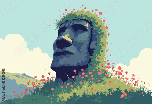 stylized illustration ancient, massive stone statue like Easter Island Moai, but its entire head is lush, overflowing bush wildflowers Nature reclaiming No text