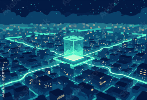 clean illustration modern city grid map, where roads are glowing green energy currents flowing toward central battery hub Smart Energy Grid concept Minimalist style No text