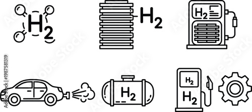 Hydrogen fuel cell cars icon set vector graphics for sustainable transportation energy