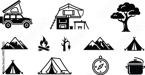 Camping cars icon set black and white vector graphics for outdoor adventures