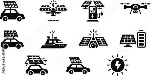Electric vehicle solar power icon set cars boats drones charging vector graphics