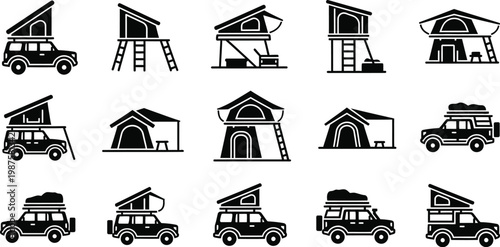 Cars icon set diverse collection of vehicle rooftop tents campervan illustrations