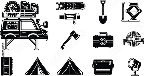 Vintage cars icon set camping gear retro automotive outdoor adventure graphics