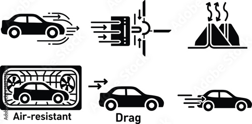 Cars icon set automotive symbols for aerodynamics drag and vehicle resistance concepts