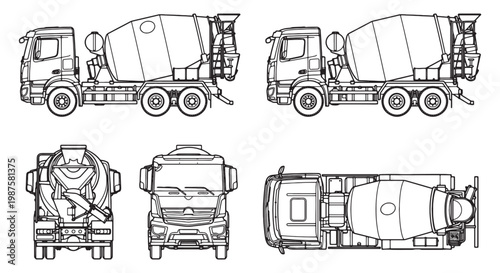 Technical Line Drawing of Concrete Truck and Cement Mixer Vehicle With Multiple Views and Top/Side/Front Plans