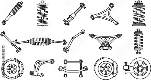 Cars icon set automotive parts shock absorbers springs and suspension components