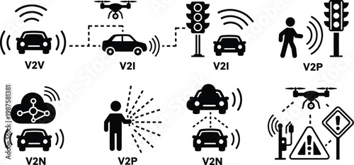 Cars icon set autonomous vehicle technology smart transportation symbols collection
