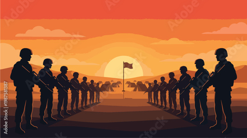 Soldier Silhouettes Standing Guard at Military Camp Flag During Orange Sunset Formation