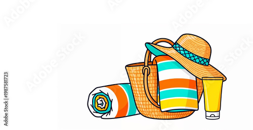 Summer beach essentials including towels, sunscreen, a hat, and a tote bag for a day at the coast with family or friends