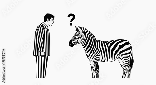 Man in Striped Pajamas Looking at a Zebra with a Question Mark