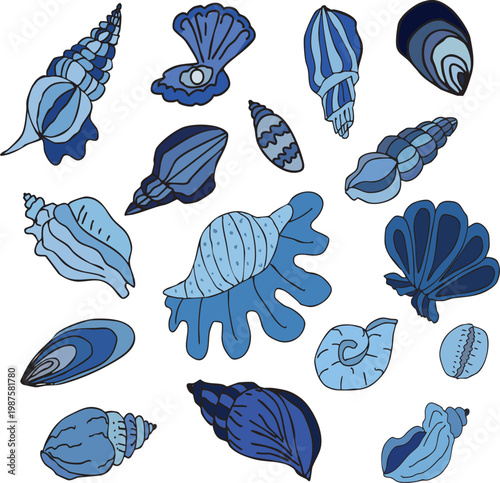 Hand-drawn vector set of diverse blue sea shells and ocean life icons isolated on white.