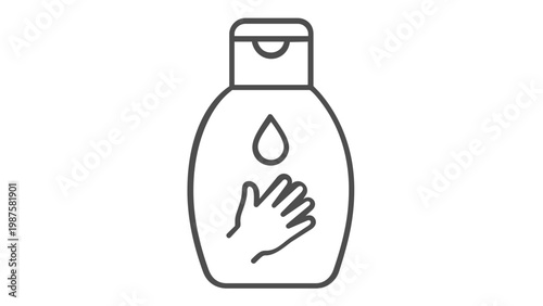 Minimalist baby lotion or liquid soap bottle line ico vector illustration. Scalble flat design featuring  hand and drop symbol, perect for infant skincare, hgiene, and healthcare braning.