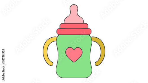 Colorful baby bottle vector icon with handles and heart symbol. Flat minimalist illustration of a sippy cup for infants and toddlers. AI-generated scalable graphic for baby care and nursery.