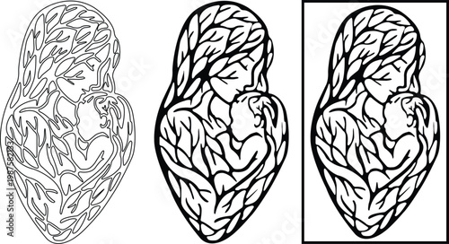 Mother Child Leaf Art Vector Black Floral Motherhood Nature Love Illustration